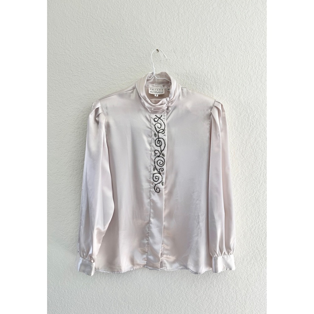 Peters & Ashley Vintage Pale Gray Satin‎ Beaded High Neck Blouse Womens 8 Gray